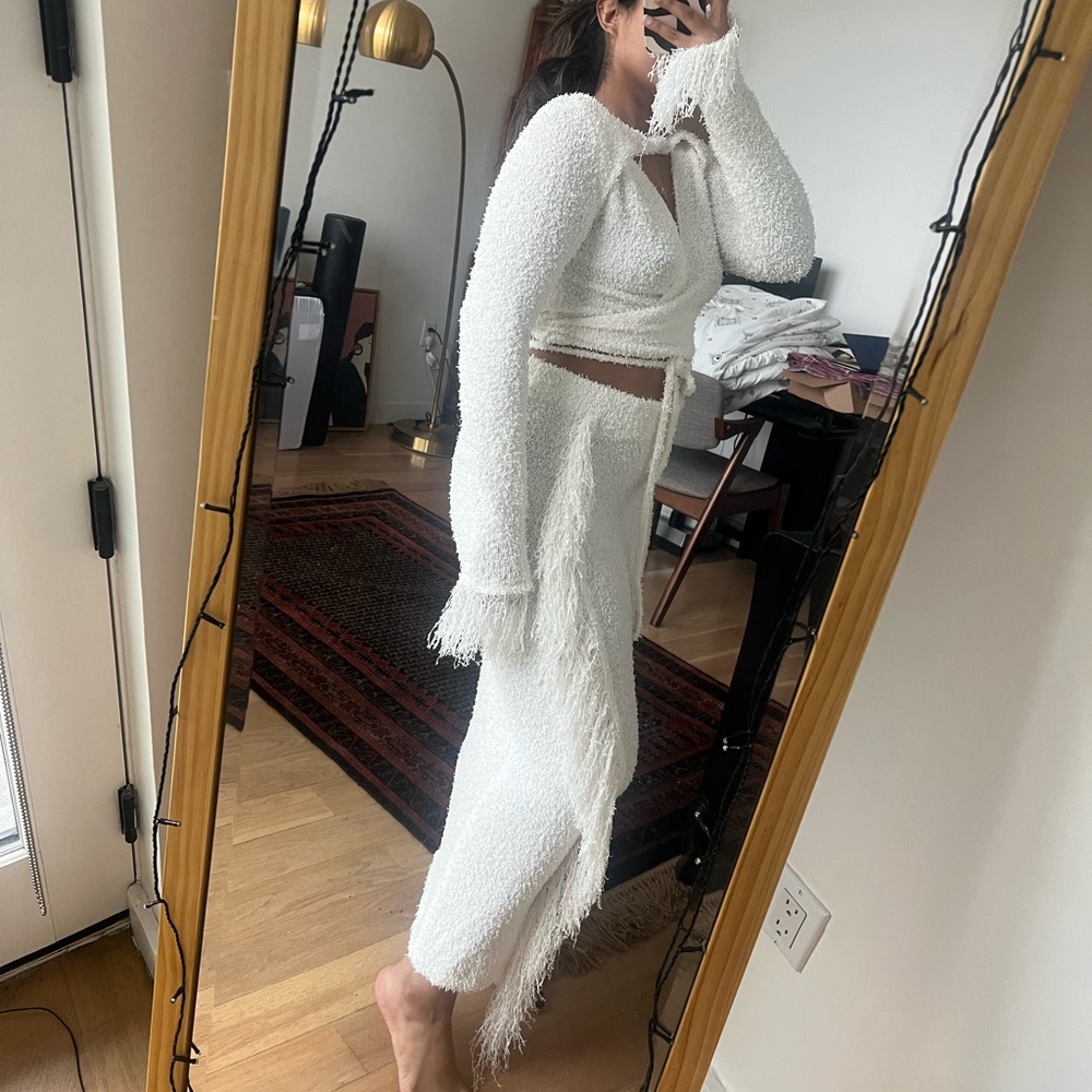 NA-KD Fashion White Fringe Wrap Top & Skirt Set